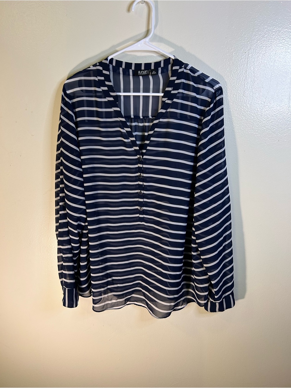 Anne Klein Navy and White Striped V-Neck Button Front Blouse